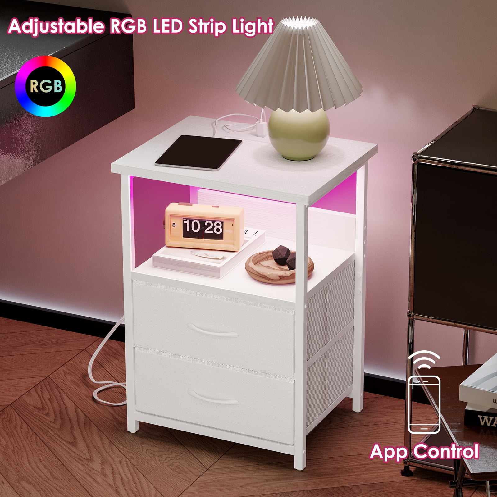 Tomnk Woo Nightstand Set of 2 Night Stand with Charging Station, LED Nightstand with Fabric Drawers, End Table with PU Finish, Bed Side Table, White