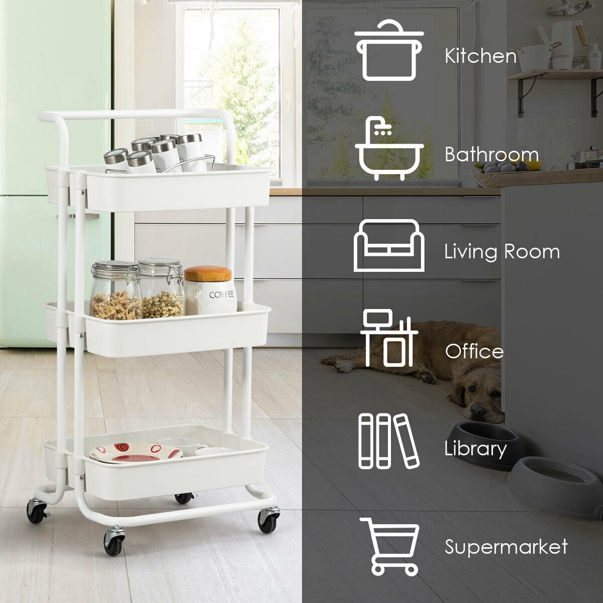 Gymax 3 Tier White Rolling Cart W/Wheels Practical Handle & ABS Storage Basket Organizer