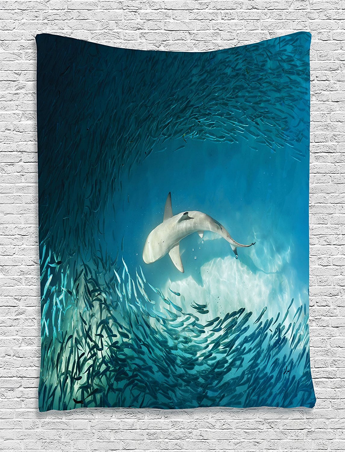 Sea Animals Decor Tapestry Wall Hanging by , Shark and Small Fish in