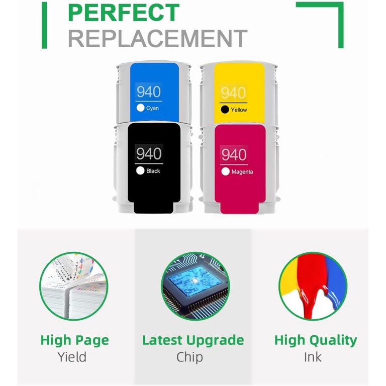 4-Pack 940XL Compatible Ink Cartridges - For HP OfficeJet Pro 8000, 8500 Series, Black Cyan Magenta Yellow