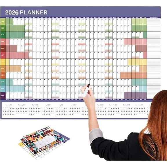 2026 Wall Yearly Planner, Large 12 Month Annual Wall Calendar With Daily Plan & Colorful Stickers, Decorative Planning Poster Chart For Schedule, Offices Home School Use