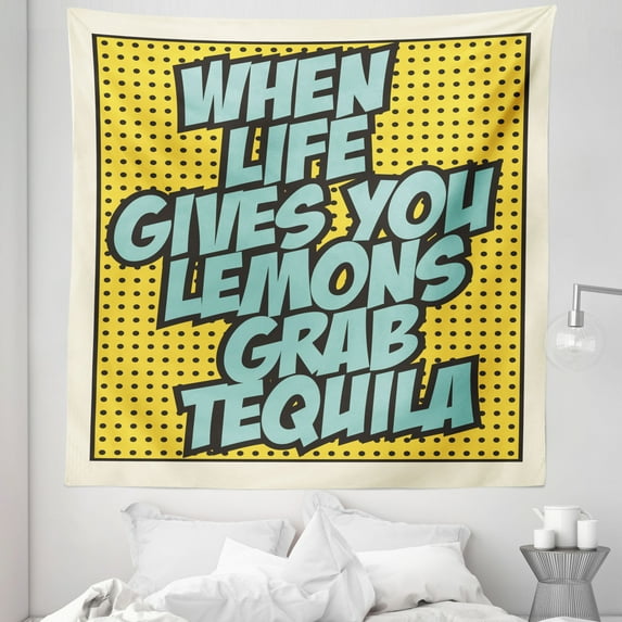 Tequila Tapestry, Funny Words Retro Design When Life Gives You Lemons Grab Tequila, Fabric Wall Hanging Decor for Bedroom Living Room Dorm, 5 Sizes, Mustard Seafoam, by Ambesonne