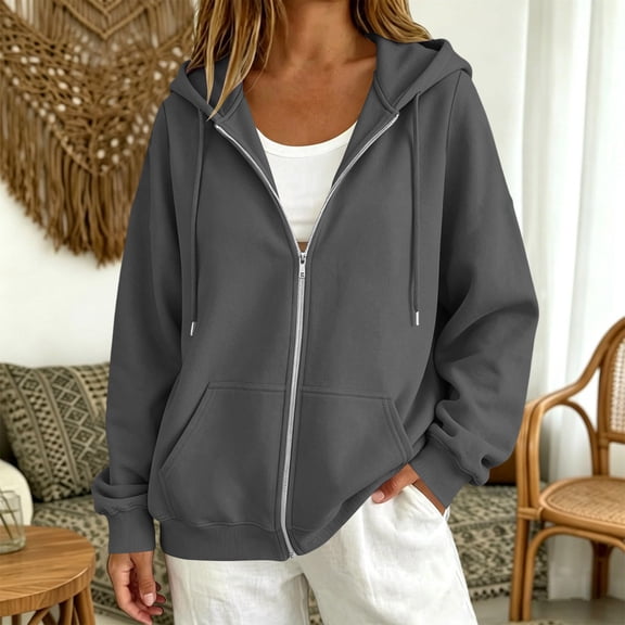 Womens Hoodies Zip Up Casual Long Sleeve Oversized Hoodie Y2K Full Zipper Fleece Preppy Sweatshirts Jackets Dark Gray L