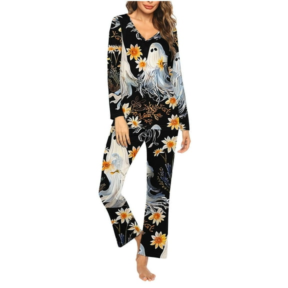 Tnhcen Women’s 2-Piece Halloween Print Pajamas Set V-Neck Long Sleeve Pants Nightwear Home Clothes S-3XL