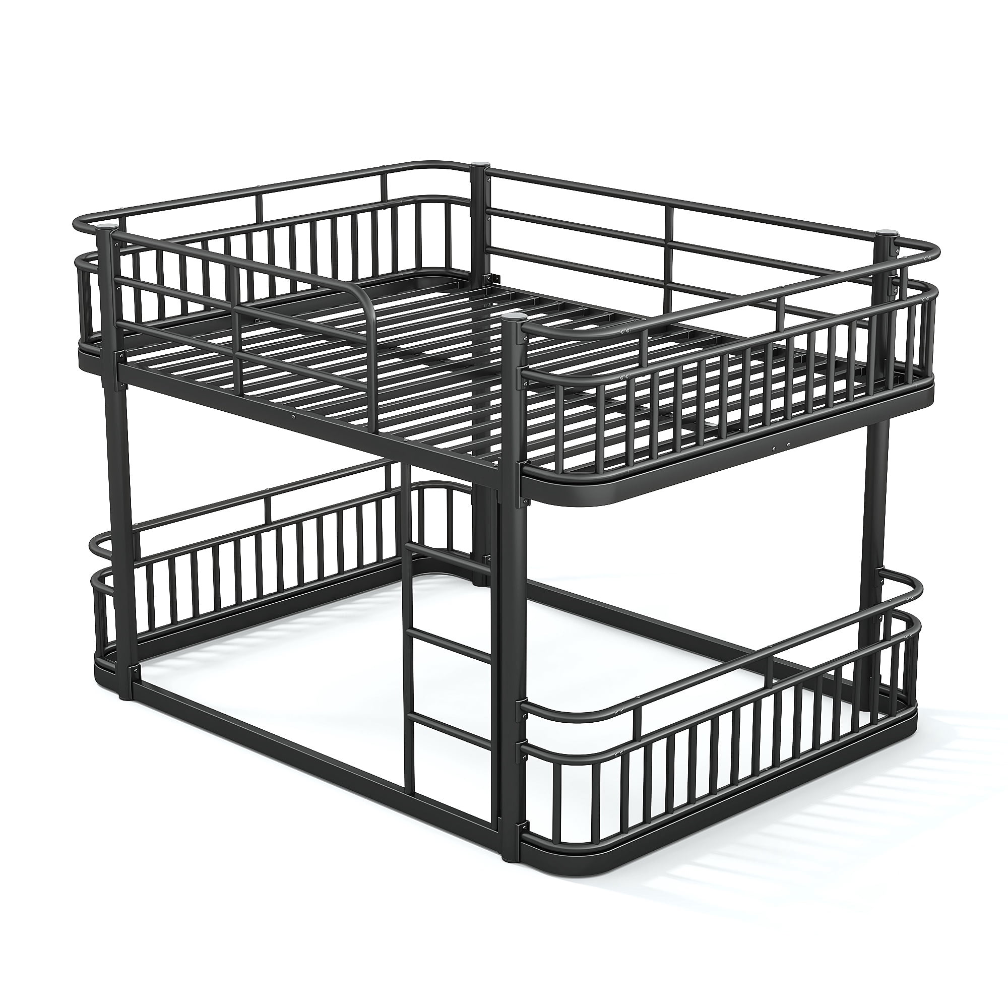 Leumius Queen over Queen Bunk Bed Frame with Ladders & Guardrails, Upgraded Round-Pipe Metal Frame, Stylish & Versatile for Any Room,Black