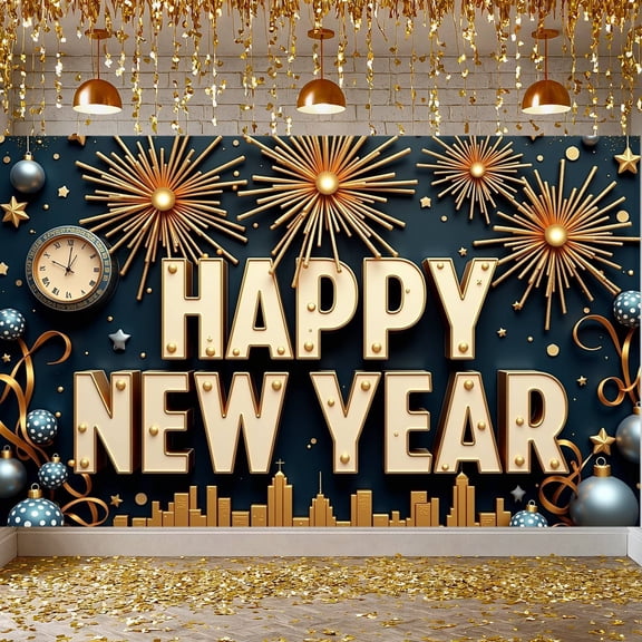 Golden Fireworks Happy New Year Banner Shiny Stars Festive Backdrop 3D Letters Metallic Design Holiday Display for New Year Party Family Gathering Indoor Decoration