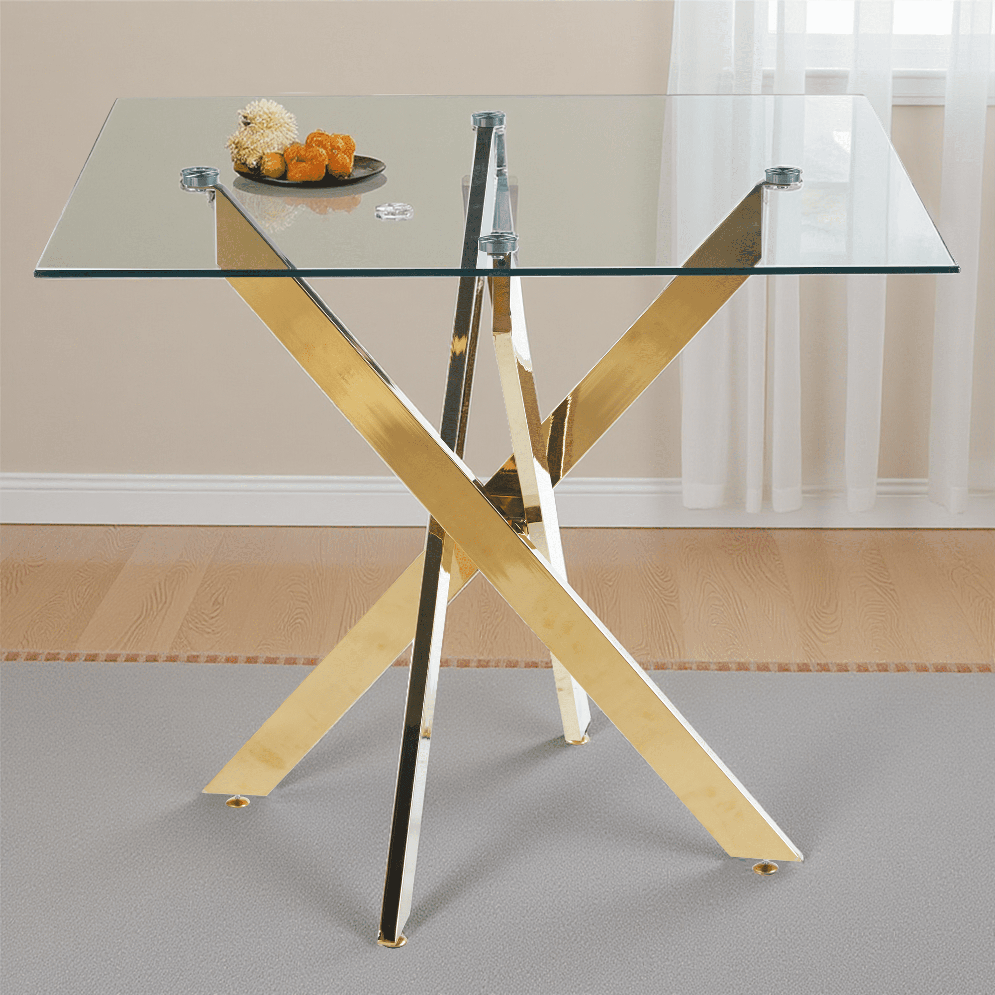 MAYEERTY Modern Golden Dining Table Cross Legs Glass Top Luxurious Living Room