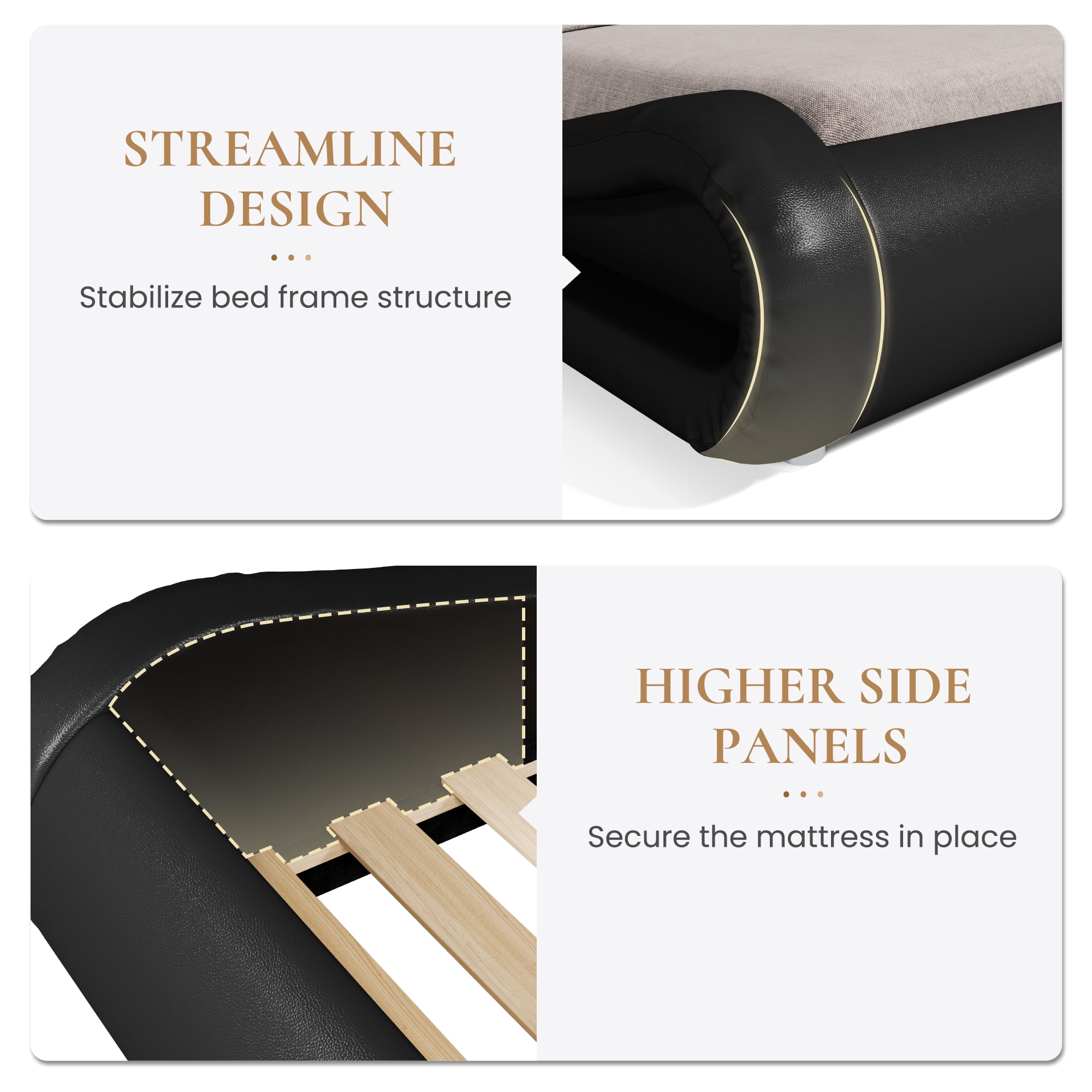 Sha Cerlin Full Size Wave-Like Curve PU Leather Platform Bed Frame with Adjustable Headboard and LED Lights, Black