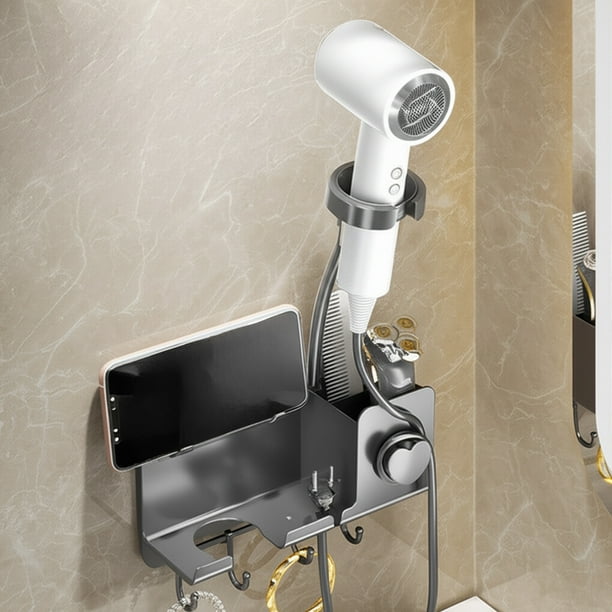 Soporte de pared para secador de pelo de baño sin taladro, multifuncional, grueso, para ahorrar espacio, con gancho y soporte para teléfono, estante de almacenamiento de plástico.