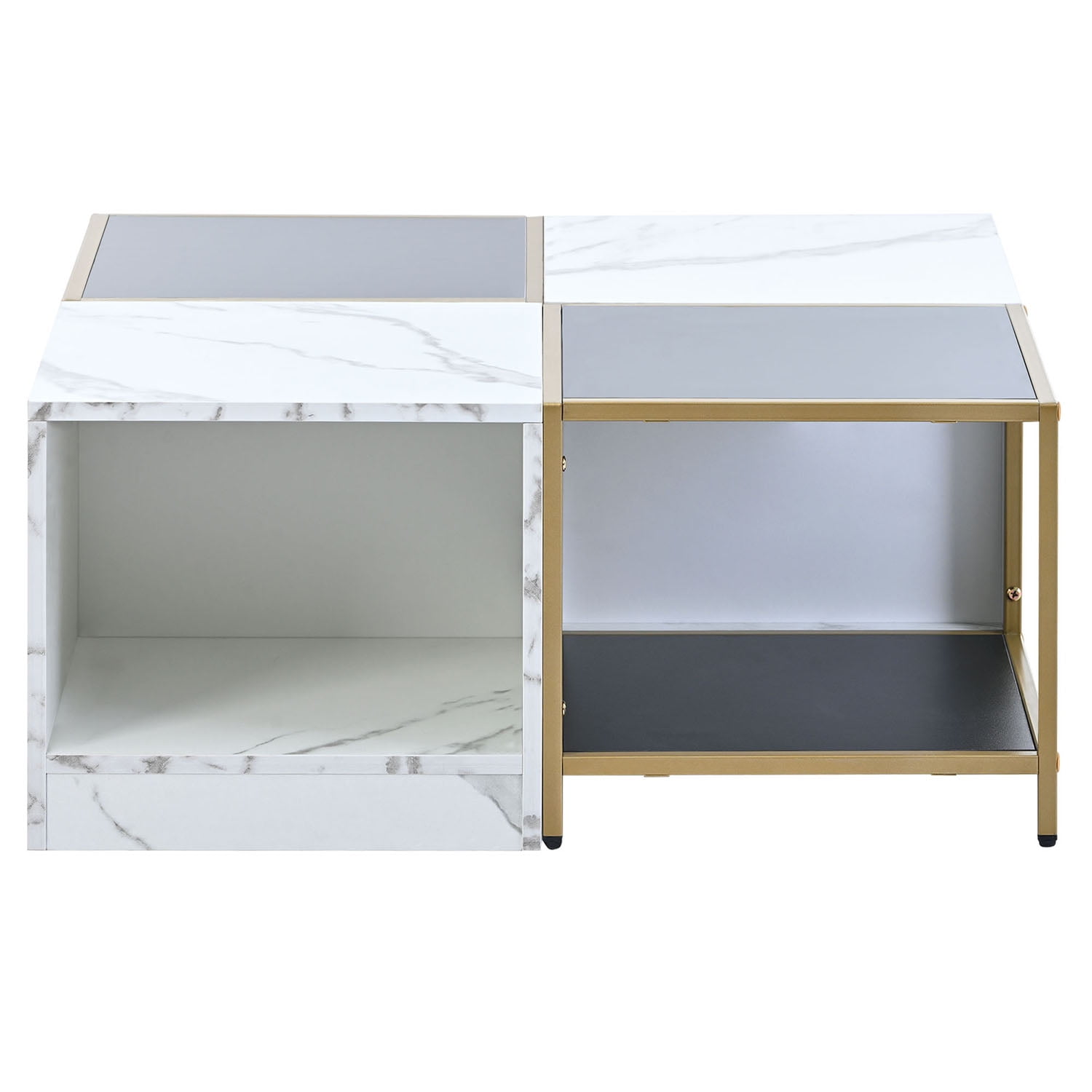 Kadyn Modern Coffee Table, Particle Board Tea Table with Metal Frame, Simply Assemble Square Corner Tables with High Gloss White Marble Finish, White+Black