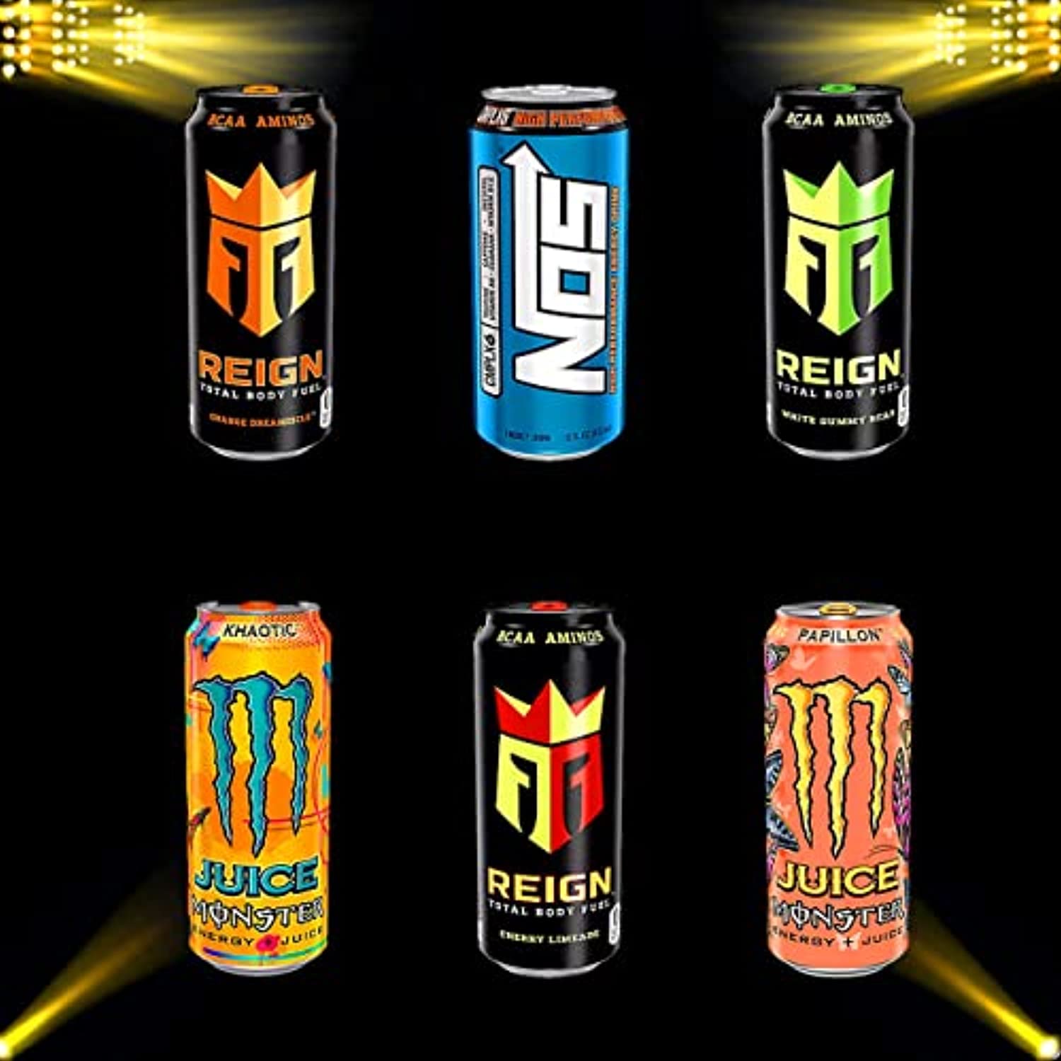 Beeq Box Variety Energy Drinks,Reign Total Body Fuel: White Gummy Bear, Cherry Limeade, Orange Dreamsicle, Nos, Juice Monster : Khaotic, Papillon. Contains Zero Sugar, Coq10 & Bcaas 300 Mg Natura