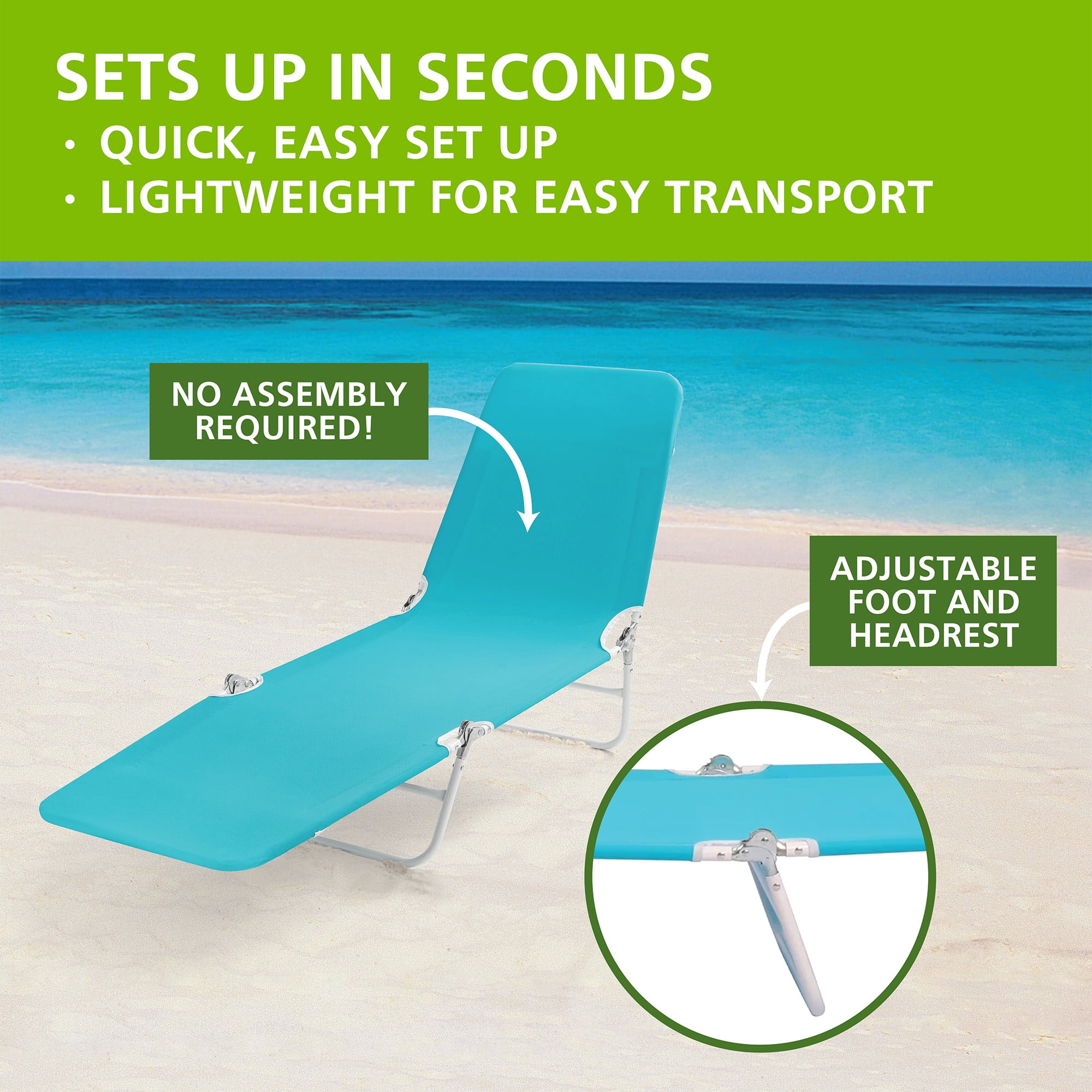 Mainstays Folding Adjustable Back Fabric Beach Lounger, Turquoise