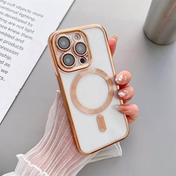 SaniMore for iPhone 14 Pro 6.1" Magnetic Case Support Wireless Charging, Rugged PC Transparent Cover with Tempered Glass Camera Lens Protector & Dust Proof Net Shockproof Protective Shell, Gold