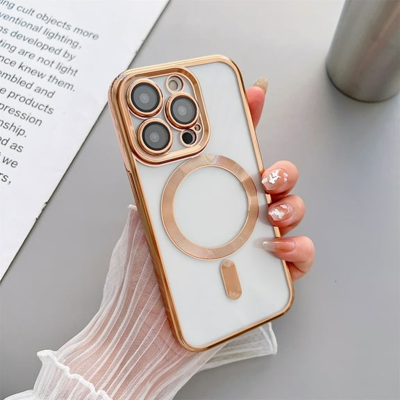 SaniMore for iPhone 14 Pro Max Magnetic Case Support Wireless Charging, Rugged PC Transparent Cover with Tempered Glass Camera Lens Protector & Dust Proof Net Shockproof Protective Shell, Gold