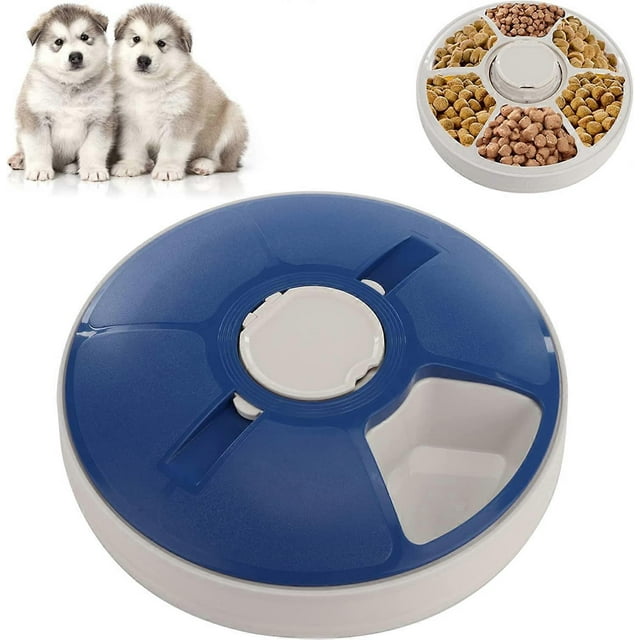 Automatic Cat Feeders, Auto Dog Feeder, pet Food Dispenser with Programmable Timer , 6-Meal Wet and Dry Food, Batteries Power Supply Blue -