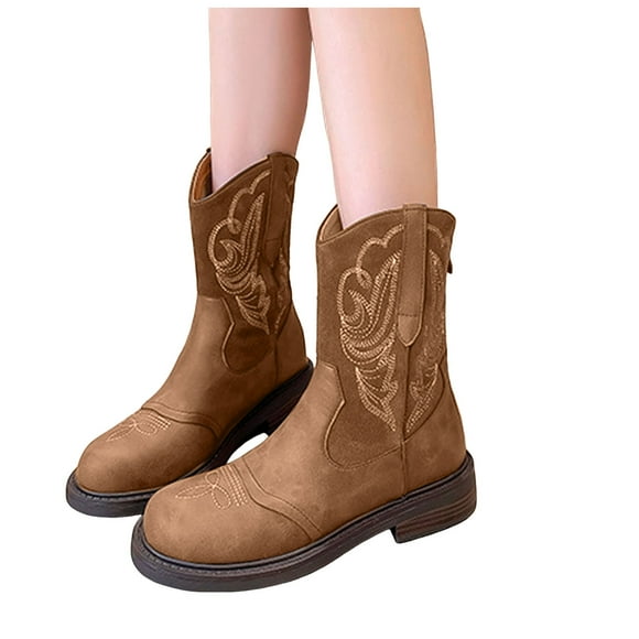 Cowboy Boots for Women Vintage Brown Leather Wide Mid Calf Western Cowgirl Boots Riding Work Short Booties