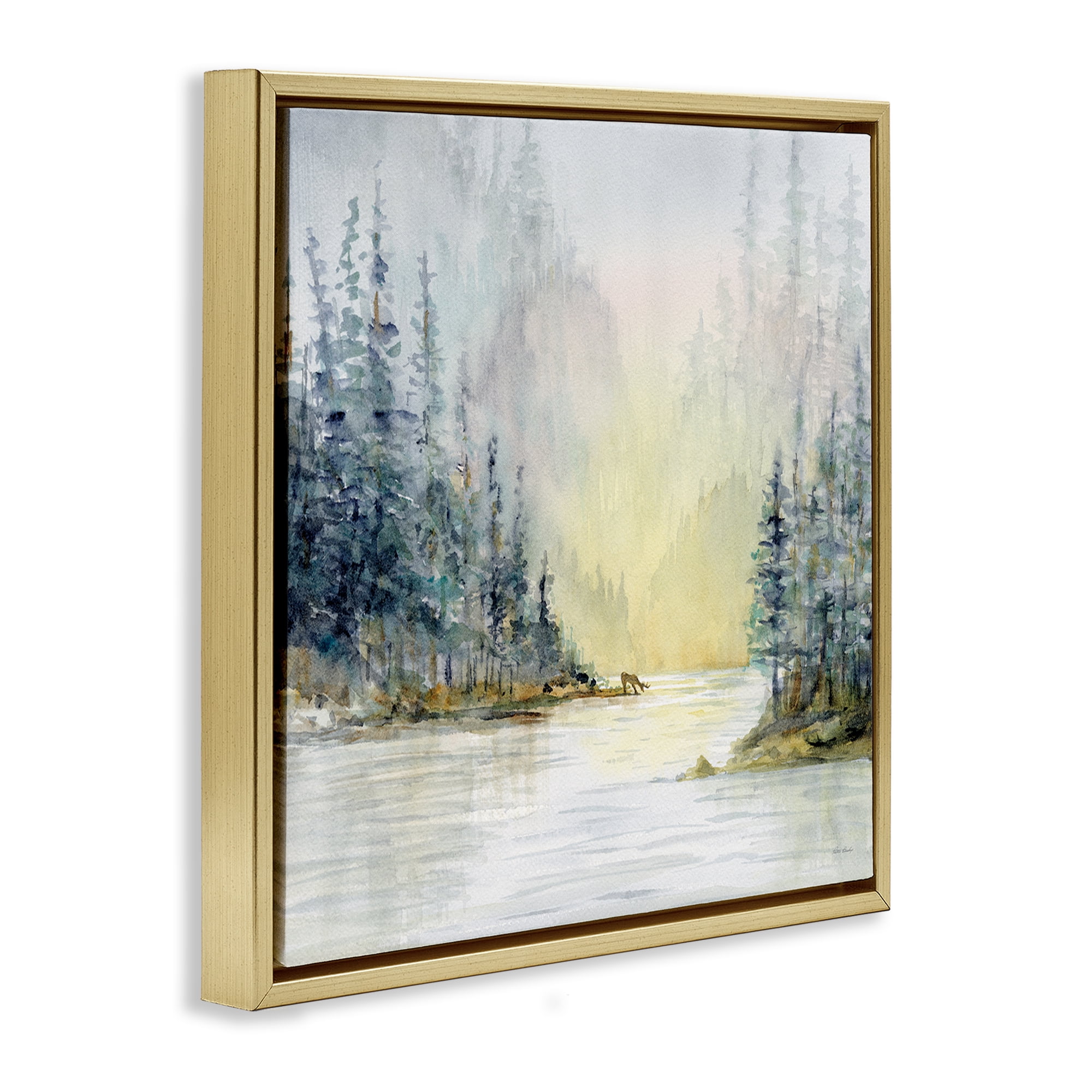 Stupell Industries Woodland Lake Scene Landscape & Nature Painting Gold Floater Framed Canvas Art Print Wall Art, 25 x 25