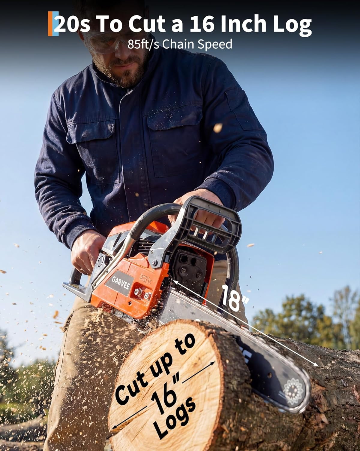 QinaQin 43cc Gas Powered Chainsaw,2-Stroke Engine with Quick Start & Ergonomic Non-Slip Handle for Efficient Wood Cutting,Orange