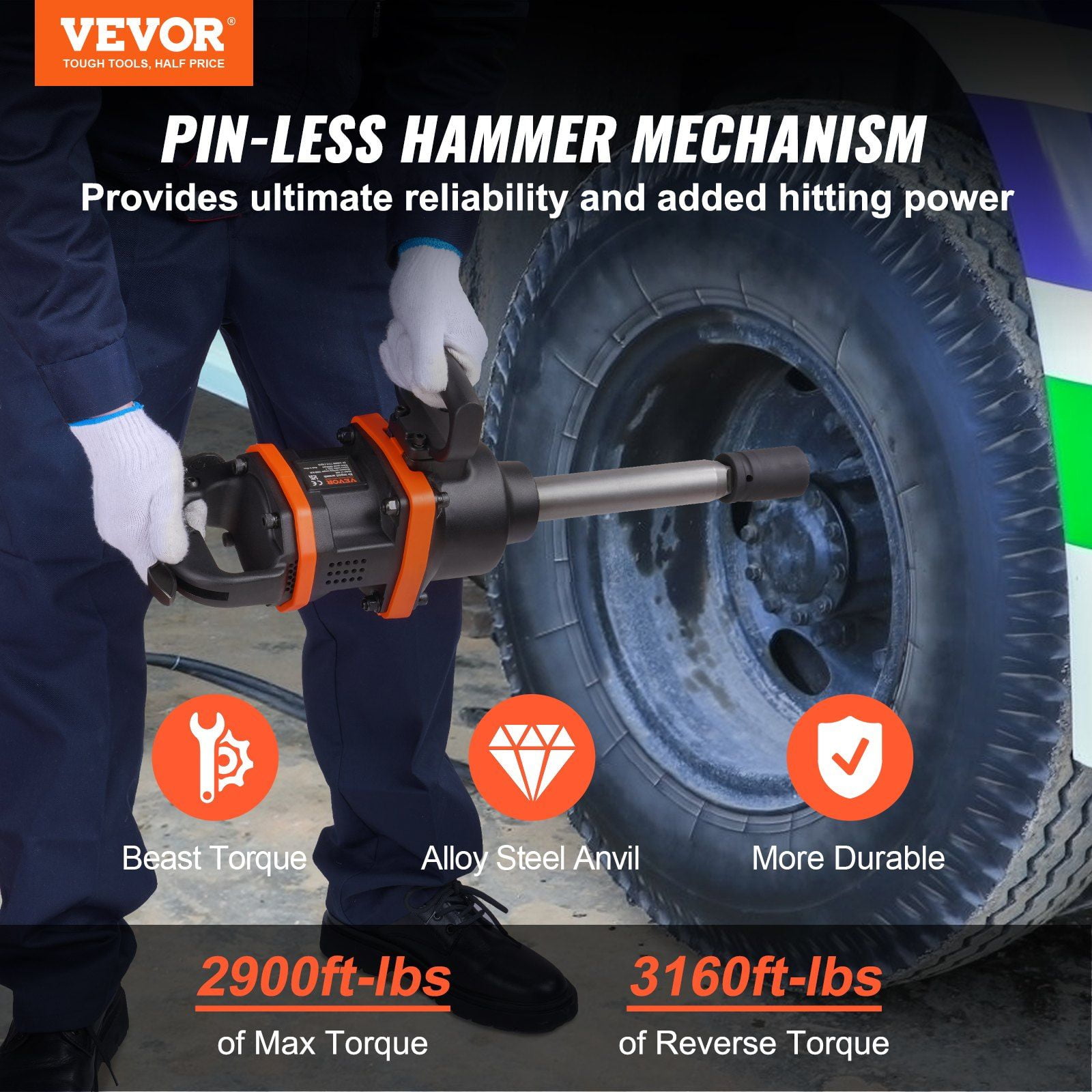 1 Inch Pneumatic Impact Wrench, 3160 ft-lbs Max Torque, Heavy Duty Air Impact Gun with 8 Inch Extended Anvil & Case for Truck/Bus Repair