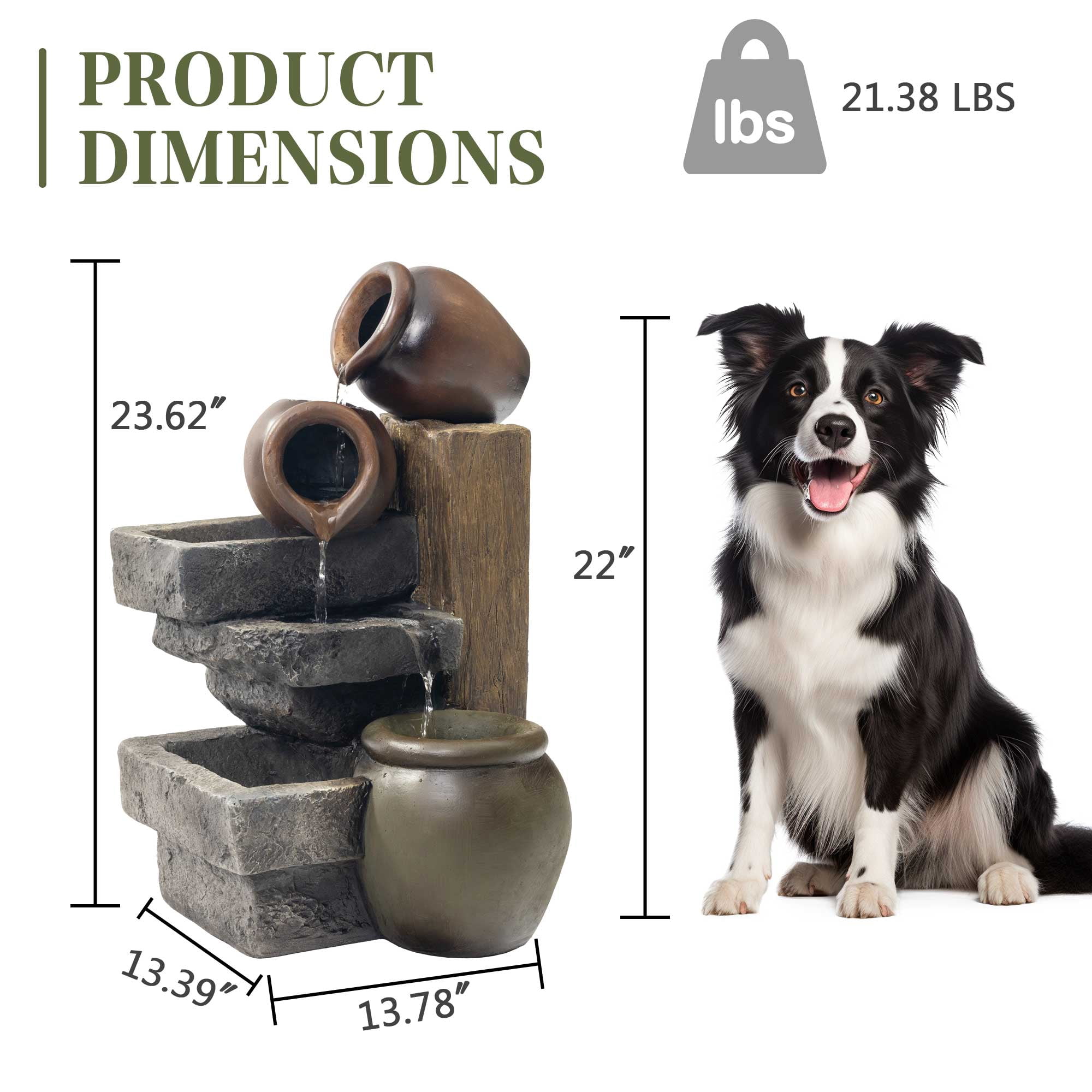 23.62" Outdoor Water Fountain, 4 Tiers Waterfall Fountain with Vintage Clay Pot Design, Indoor/Outdoor Floor Standing Water Feature for Garden, Patio