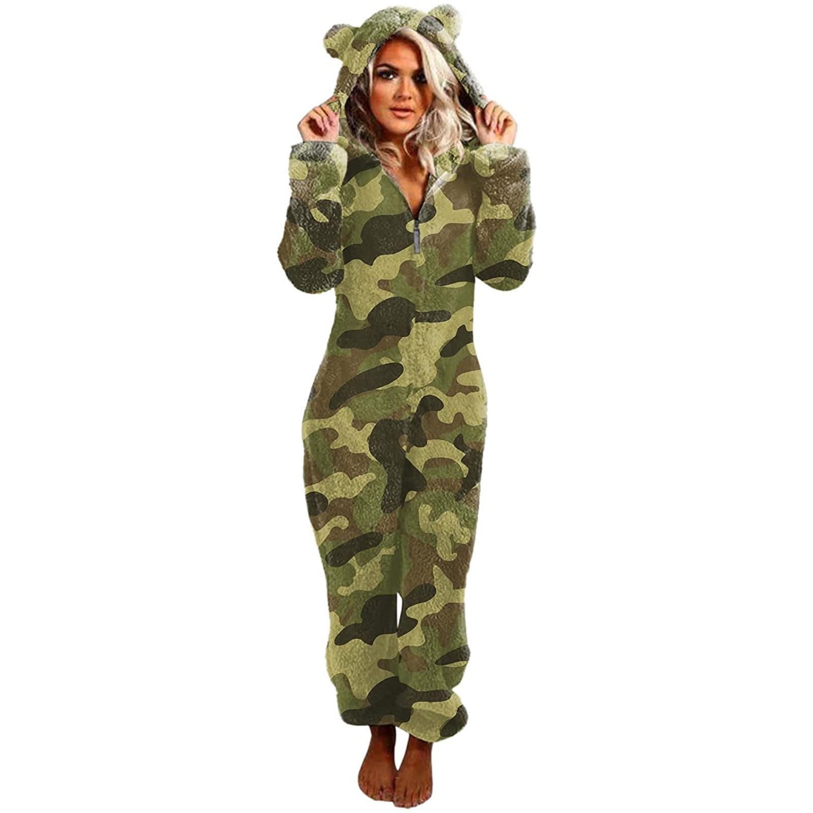 jovati Adult Onesie Pajamas for Women Unisex Adult Leopard Onesie Hoody Pajamas Zipper Up Long Sleeve Plush Jumpsuit
