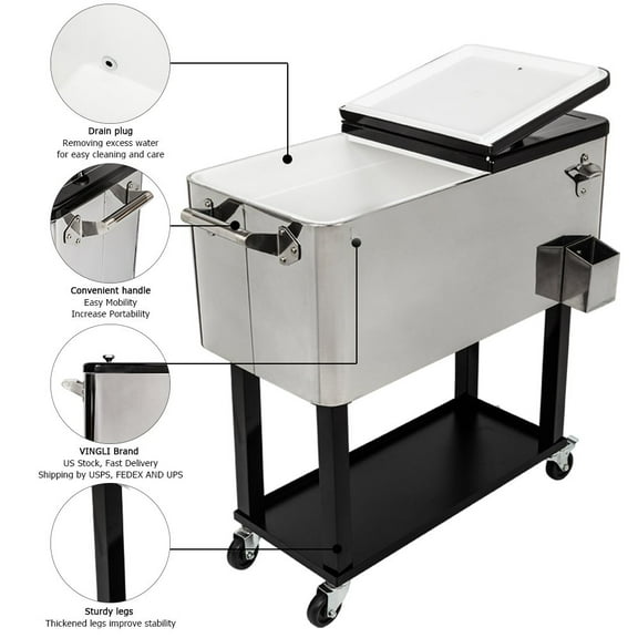 SalonMore Rolling Cooler 80QT Frozen Warm Function with Shelf Silver