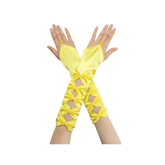 INSPIRE CHIC Women's Fingerless Gloves Satin Arm Warmers Hollow Out Bow Beads with Finger Loop Yellow One Size