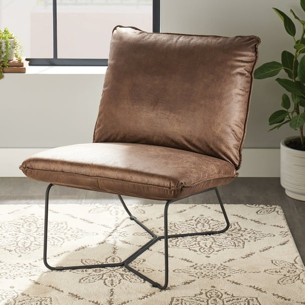 Better Homes Gardens Pillow Lounge Chair Brown Faux Leather Upholstery Walmart Com Walmart Com