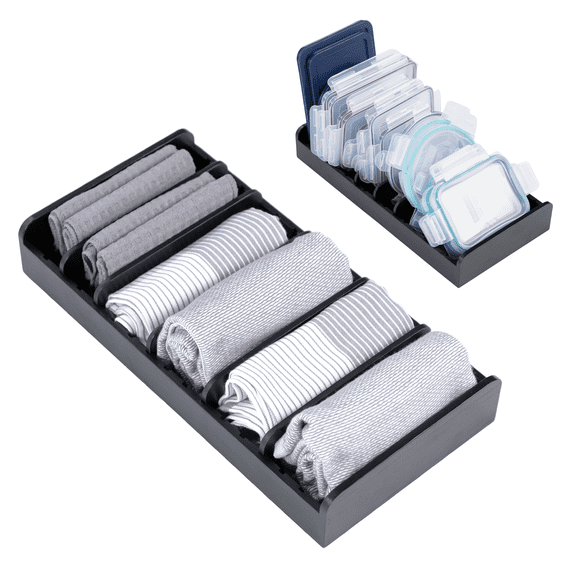 KitchenEdge Bamboo Kitchen Towel and Food-Storage Organizer, Perfect for Kitchen Drawers, Cabinets, Pantry, 5 Adjustable Wall Inserts, Non-Slip Feet, Organize Food Containers, Food-Safe Black Finish
