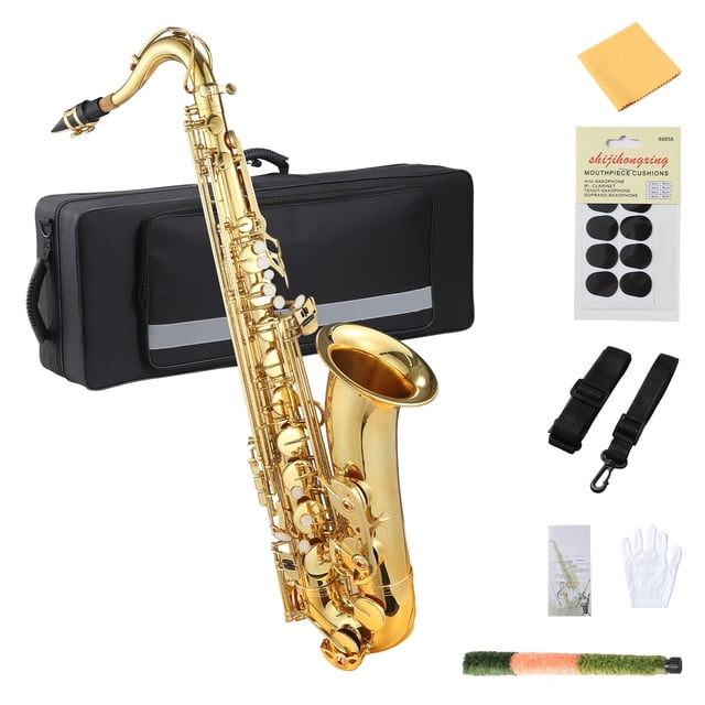 Tenor Saxophone Mouthpiece Kit – Complete with Gold Lacquer – Beginners & Professionals – Includes Case, Reeds, Cleaning Cloth, Neck Strap & Stand – Gold