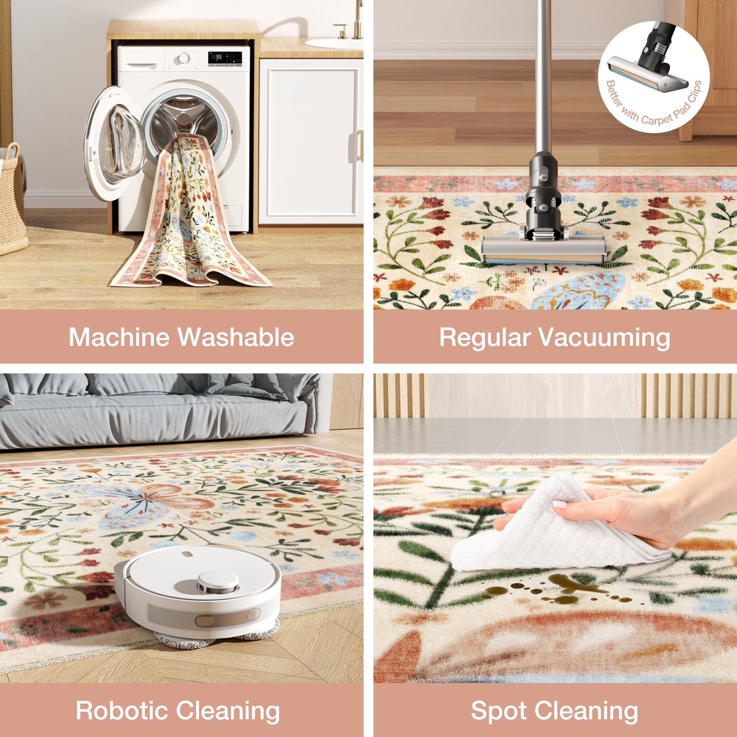 6'x9' Washable Area Rugs for Living Room, Socomw Vintage Orange Floral Washable Indoor Rug, Non-Slip Soft Low Pile Carpet for Bedroom, Dining Room