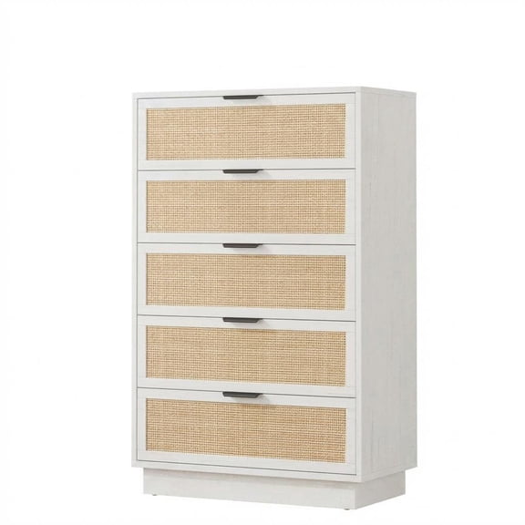 5-Drawer Natural Rattan Dresser Wooden Storage Cabinet with Integrated Legs for Bedroom Entryway Hallway