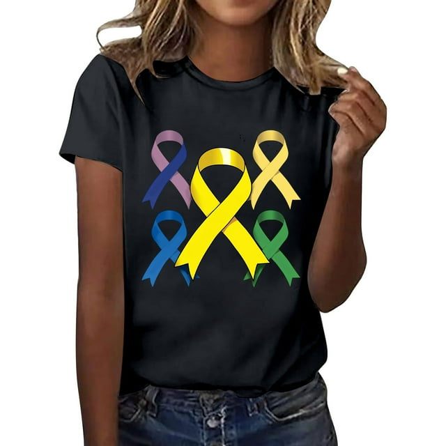 UANWENN T-shirts Décontractés pour Femmes avec Imprimé de Ruban de Sensibilisation au Cancer, Manches Courtes, Col Rond, Style Basique pour un Usage Quotidien, Pack de T-Shirts Athlétiques pour Femmes, Hauts Unis pour Femmes, Courts