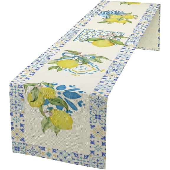 Mediterranean Lemon Table Runner – Blue Tile Border with Watercolor Yellow Lemons and Floral Design – Summer Dining Table Decor for Kitchen or Patio 13x36 Inch