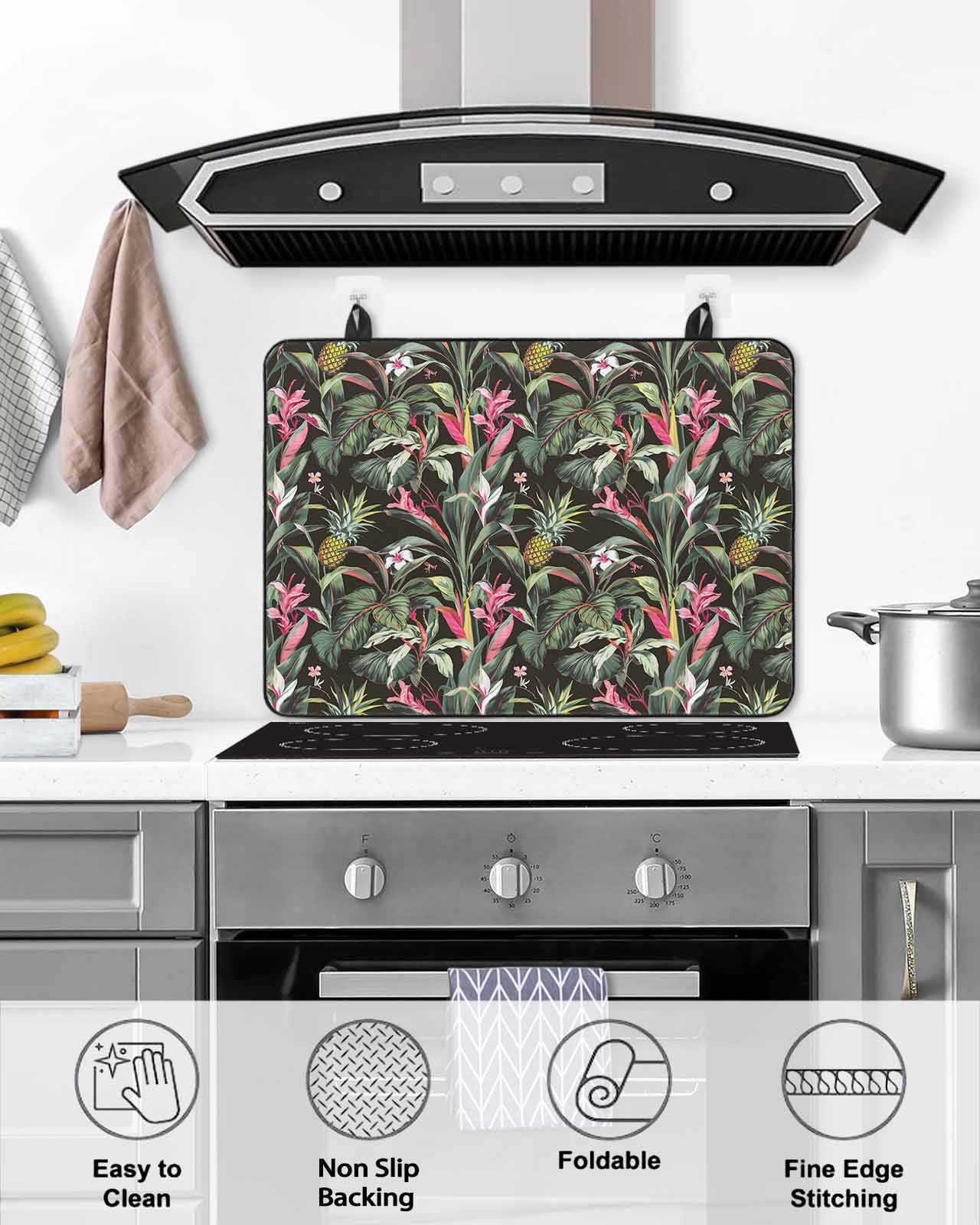 nqOlkjepod Large Induction Cooktop Protector Mat 36"x21", Tropical Pineapple Stove Top Covers for Electric Stove, Pink Green Botanical Leaves Stove Burner Cover Mats, Glass Top Stove Cover