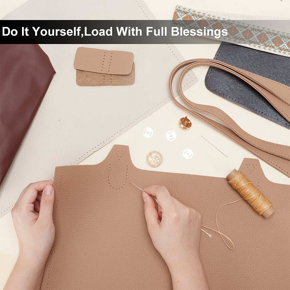 DIY Sew on PU Leather Bag Making Kit Including PU Leather Fabrics Polyester Bag & Bag Straps Magnetic Clasp Needle Cotton Thread Tan