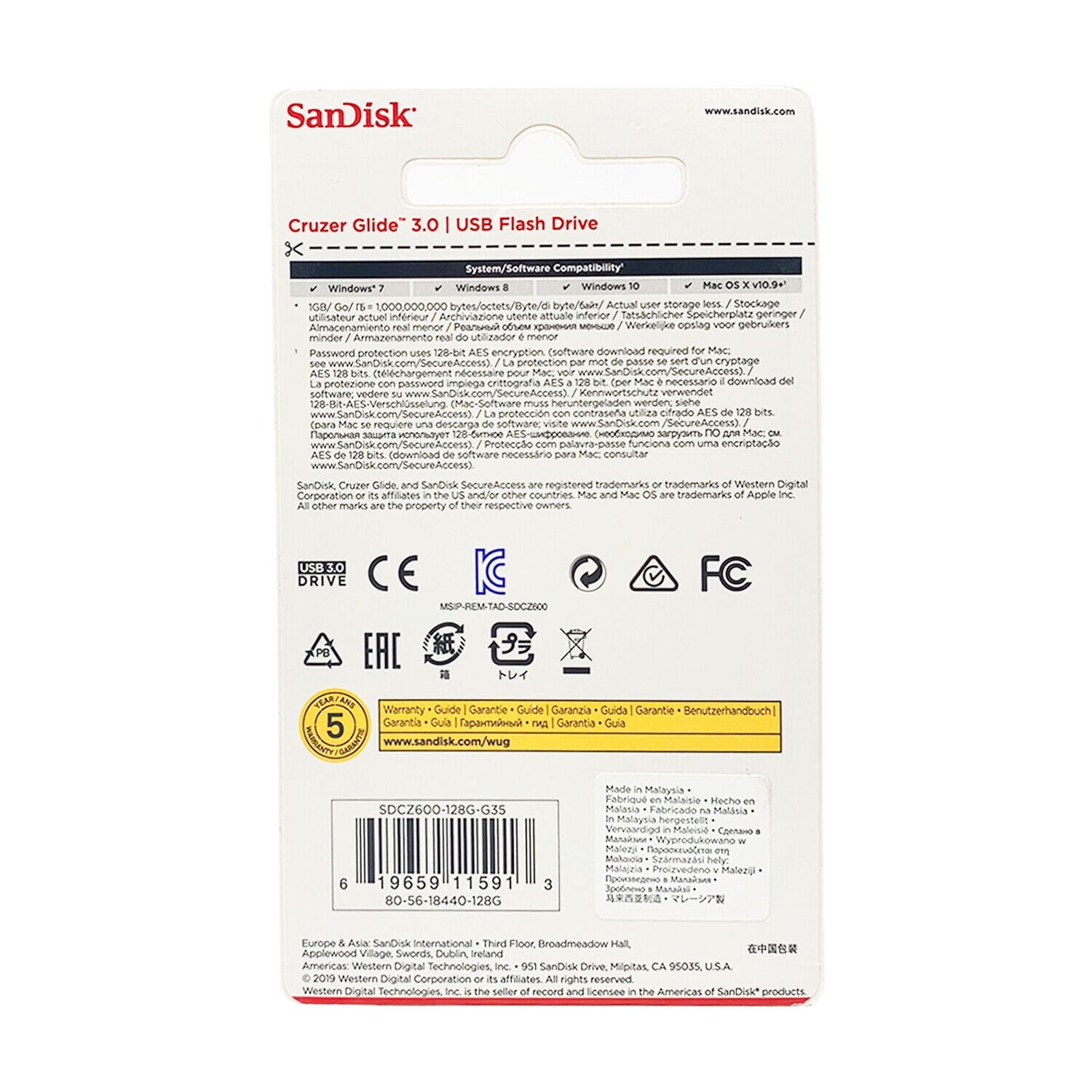SanDisk Cruzer Glide USB Flash Drive - 128 GB - USB 2.0 - Black, Red - Retractable