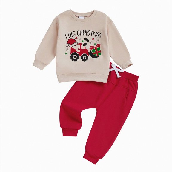 Quealent Baby Boy Christmas Outfit Long Sleeve Cute Print Sweatshirt Pants Set 2Pcs Toddler Boy Winter Outfits (Khaki, 3-4 Years)