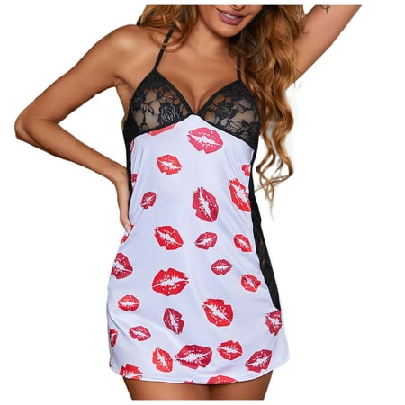 

BIZIZA Womens Chemise Clubwear Lace V Neck Nightdress Sleepwear Plus Size Print Sexy Lingerie White L