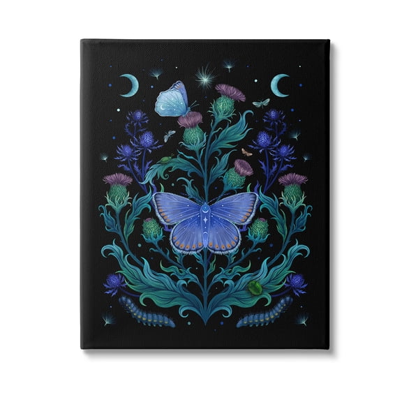 Stupell Industries Floral Night Sky Butterfly Animals & Insects Painting Gallery Wrapped Canvas Art Print Wall Art, 16 x 20