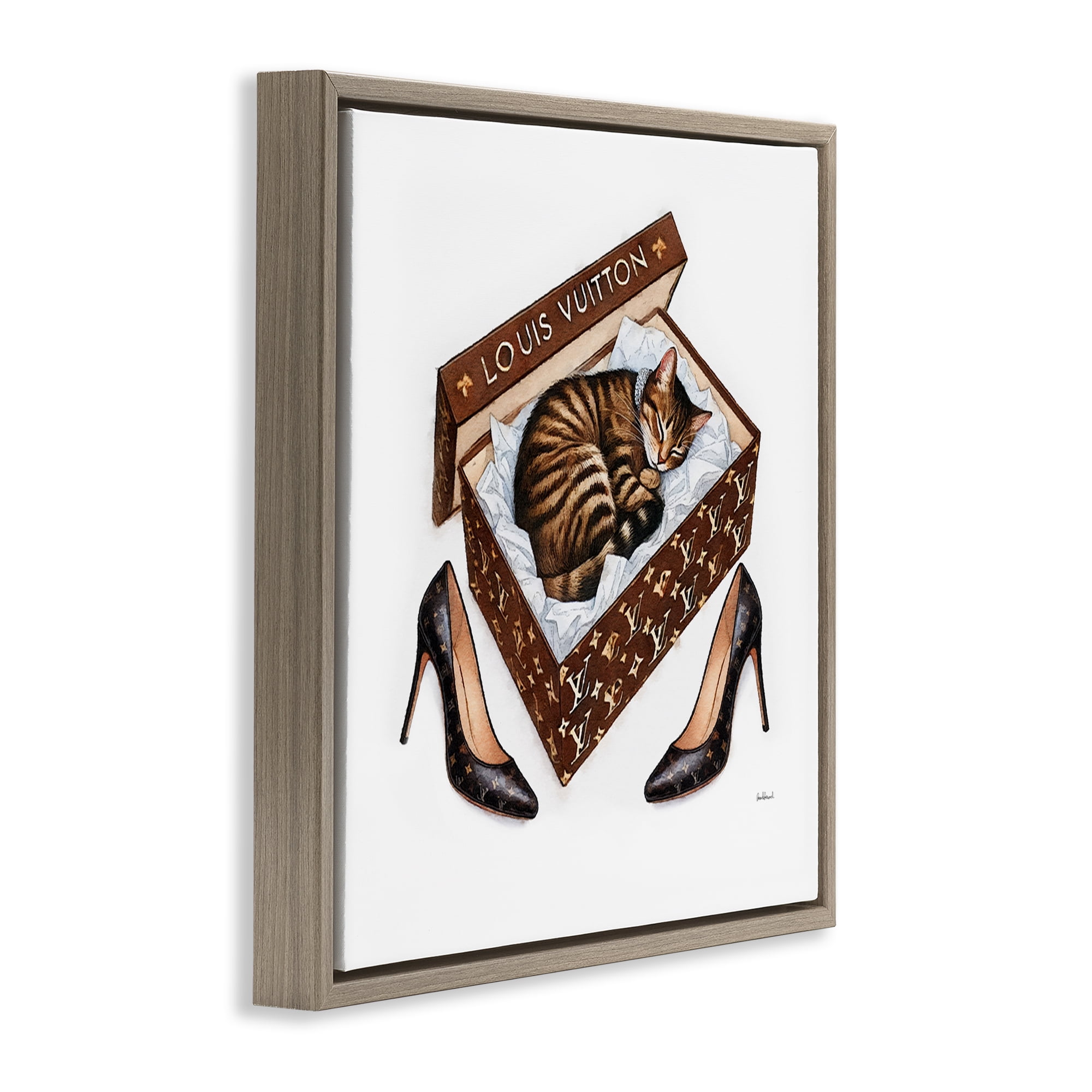 Stupell Industries Sleeping Cat in Shoebox Animals Painting Brown Floater Framed Canvas Art Print Wall Art, 25 x 25
