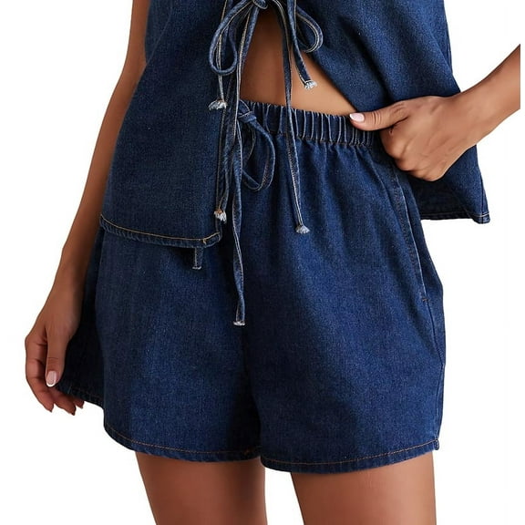Women Tie Front Top 2 Piece Outfit Denim Set Sleeveless Deep V Neck Vest Jean Elastic Waist Shorts Sets Dark Blue L