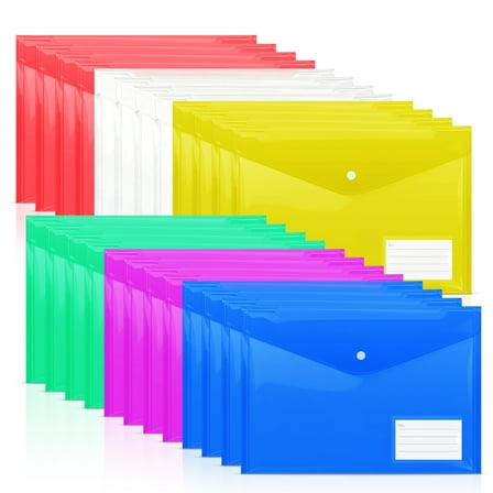Xueyu 24pcs Plastic Envelopes with Label Pockets, Clear Document Folders with Snap Closure, 6 Colors, A4 Size, Letter Size, for School Office Home Organizer Supplies