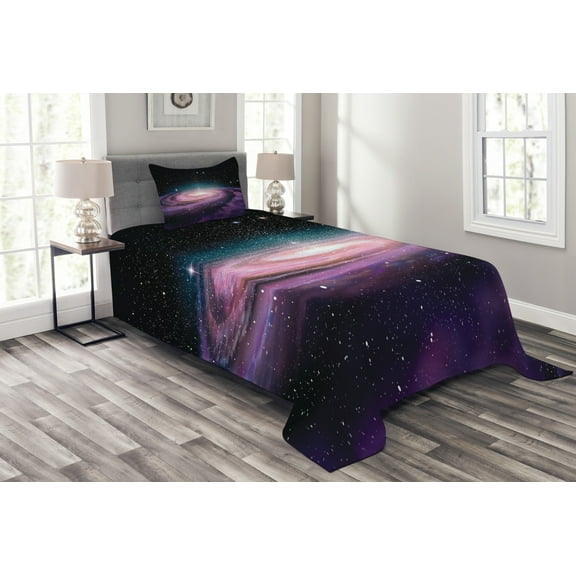 Ambesonne Galaxy Quilted Bedspread Set 2 Pcs, Galaxy in Outer Space, Twin Size, Mauve Black