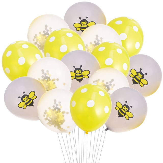 GOOHOCHY Juego de 15 globos de abeja de 12 pulgadas para fiestas de cumpleaños de bebés, globos de látex con lentejuelas, decoración para fiestas (5 globos de abeja, 5 globos de lunares amarillos y 5