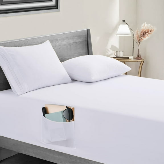 STPgoods Twin Percale 100% Cotton Fitted Sheet with Pocket Solid Bed Sheet Only White