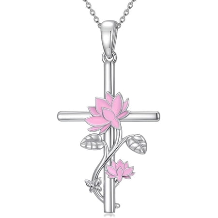 JKR Lotus Cross Necklace for Women Cross Necklace 925 Sterling Silver Flower Pendant for Women Mom Wife Gifts for Women