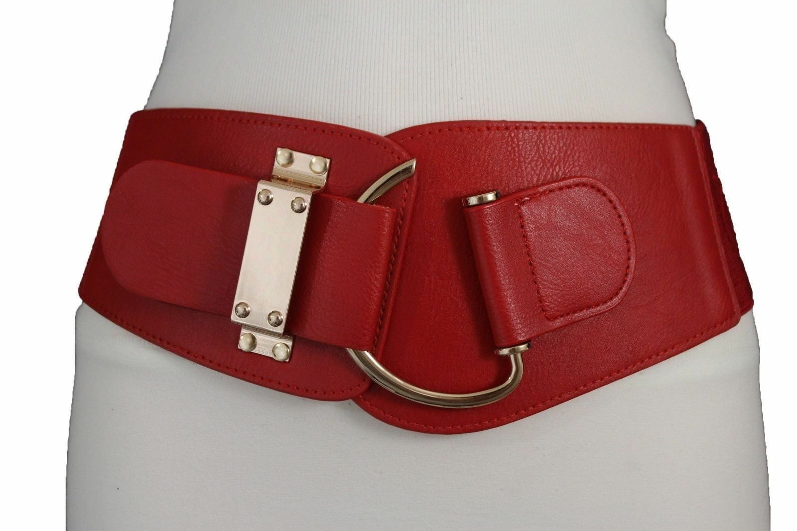 Faux leather red elastic wide belt with flowers in middle size S M L XL 