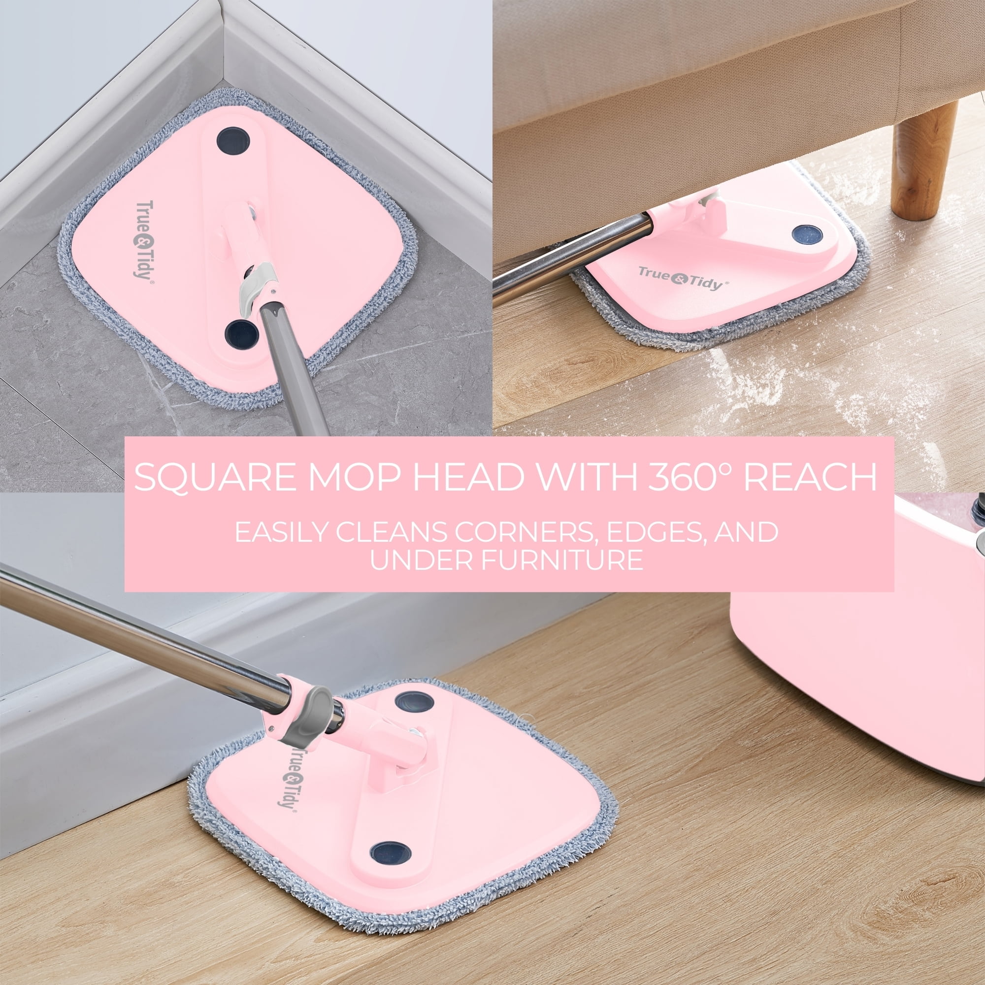 True Clean Spin Mop and Bucket System with Clean Water Separation, Self Cleaning Microfiber Floor Mop for Vinyl & Tile, Rose