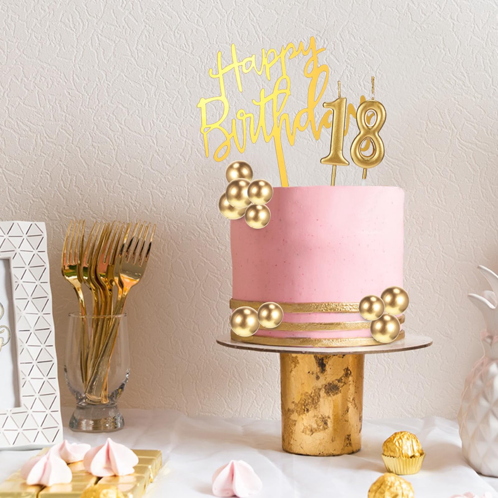 34 Pcs Happy Birthday Cake Toppers and Candles, DIY Cake Decorations for Men Women Wedding Anniversary Gold